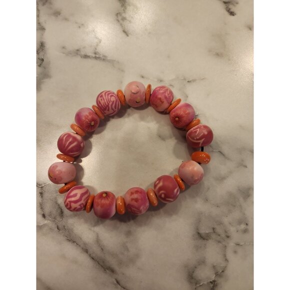 Pink & Orange Beaded Stretch Bracelet With Swirl Design - Picture 1 of 2